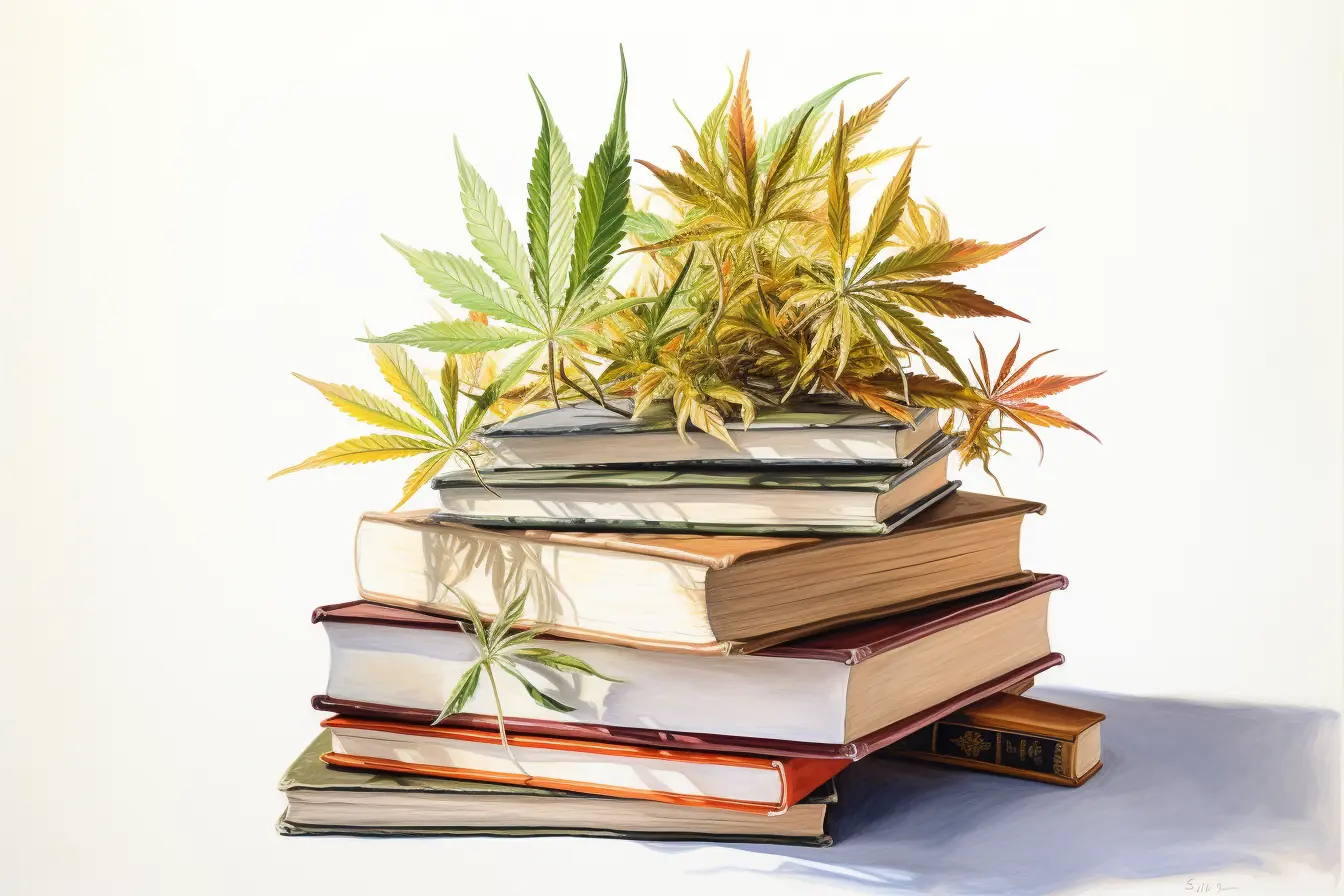 Einige Cannabisblätter, die einen Stapel Bücher verzieren